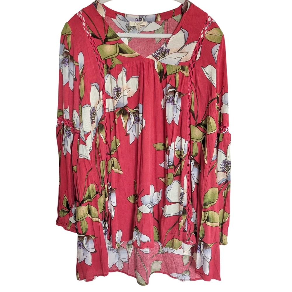 NWT Oddi Coral Magnolia Floral Criss Cross Trim Boho Blouse Wmns S Top Oversized